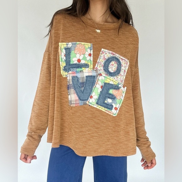 Love Patch / Patchwork Olive Rib Knit Top by Easel - Picture 1 of 6